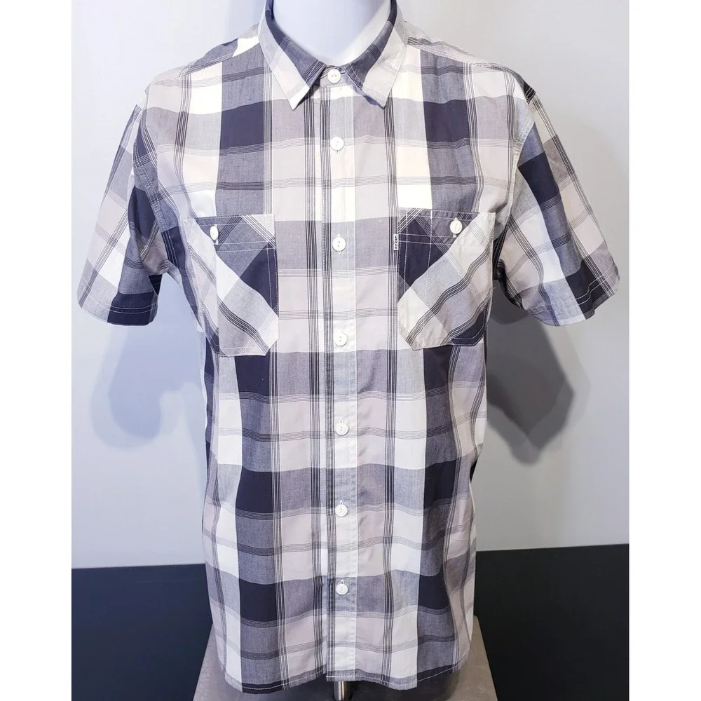 Levi Strauss Men's Medium Plaid Button Down Short Sleeve Shirt Black Gray White